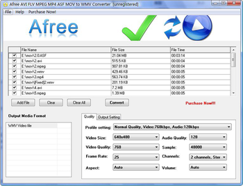 Afree AVI FLV MPEG MP4 to WMV Converter screenshot