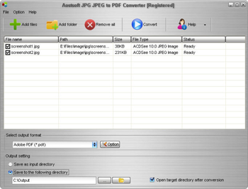 Aostsoft JPG JPEG to PDF Converter screenshot
