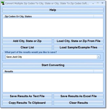 Convert Multiple Zip Codes To City, State or City, State To Zip Codes Software screenshot